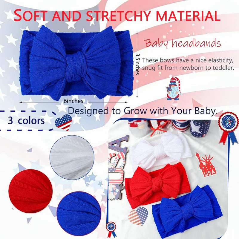 LemonSpace Store Handmade Headband for 4th of July Blue Baby Bow Newborn Accessories Infant Girls Hair Bows Red White and Blue Stretchy Soft Nylon Baby girl Bows Newborn Toddlers Headwrap - Image 5